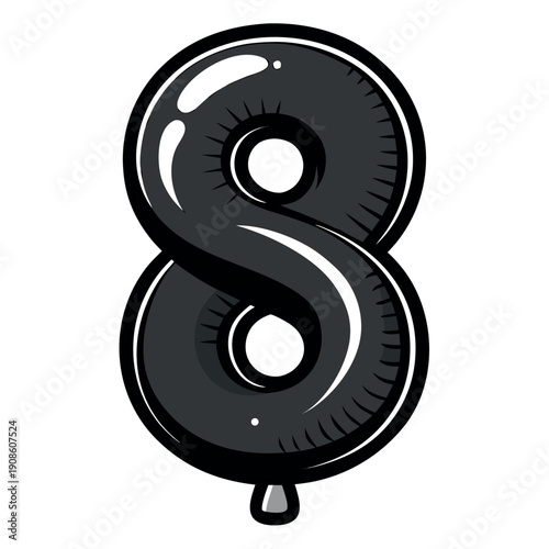 A shiny black balloon shaped like the number 1.2.3.4.5.6.7.8.9 in a cartoon style