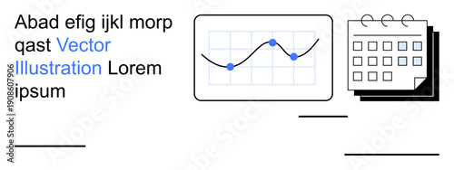 Data tracking, project planning, productivity tools, scheduling, business analytics, workflow organization. A graph with data points and a calendar illustration. Data tracking and scheduling concept