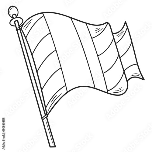 Simple black and white outline drawing of a striped national flag waving proudly from a flagpole against a white background