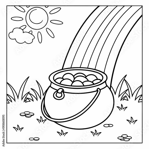 Black and white coloring page illustration showing a leprechaun’s pot of gold situated beneath the end of a bright rainbow on a sunny day.
