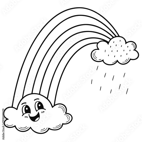Adorable black and white cartoon illustration of a happy smiling cloud holding up a brightly curved rainbow with another rainy cloud nearby perfect for coloring