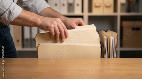 Close-up of hands organizing file folders on a wooden desk in office setting