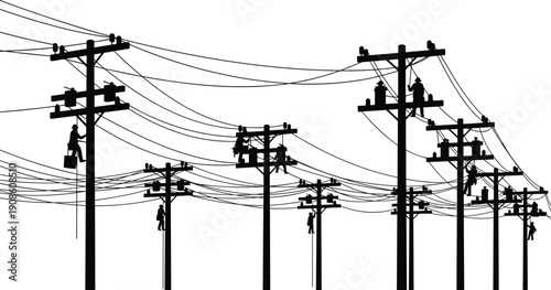 Electric utility workers repairing overhead power lines on utility poles silhouette isolated on white background, illustrating maintenance, safety, and energy infrastructure