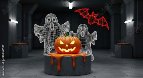 Digital Halloween Composition Featuring a Glowing Jack-o'-Lantern with Wireframe Ghosts and a Red Bat on a Concrete Platform in a Dark Industrial Setting