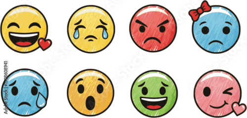 Hand drawn crayon emoji faces set. Cute doodle style cartoon expressions with various emotions. Sketch emoticons.
