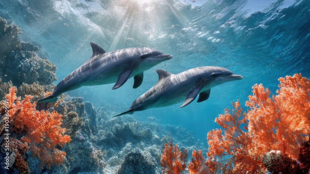 Fototapeta premium Dolphins Swimming Near a Coral Reef Showing Ecosystem Balance in a Vibrant Underwater Environment