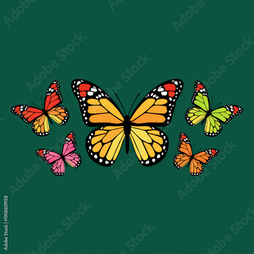 Arrangement of Colorful Butterflies on a Dark Green Background Showcasing Diversity, Transformation, and the Delicate Beauty of the Natural World
