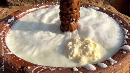 Traditional Indian Butter Churning Process Showing Yogurt Being Agitated in a Terracotta Bowl with a Wooden Churner in Natural Sunlight Highlighting the Creamy Texture and Foamy Surface