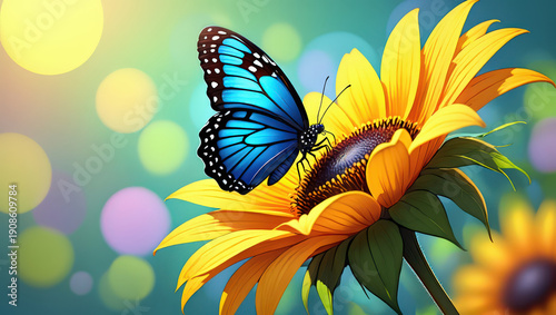 Azure Blue Butterfly Resting on a Sunny Yellow Sunflower A Stunning Contrast of Colors and a Celebration of Nature's Vibrant Palette in Full Bloom