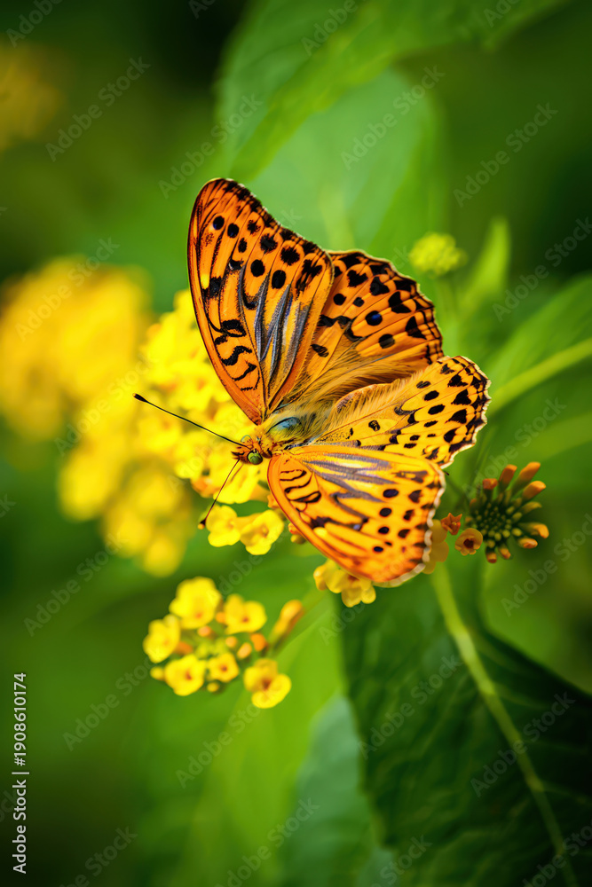 Fototapeta premium An Exquisite Argynnis Butterfly Perched Gracefully on a Cluster of Yellow Flowers, Displaying Intricate Wing Patterns Amidst a Backdrop of Verdant Foliage