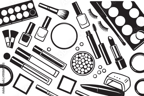 Cosmetics Pattern Illustration – Makeup Products and Beauty Tools Black and White