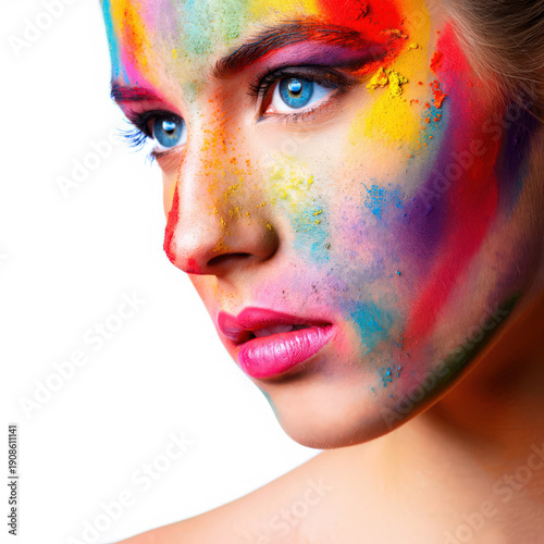 Artistic Portrait of a Woman with Vibrant Colors Splashed Across Her Face, Showcasing Creative Makeup and Expressive Beauty Against a Clean White Background