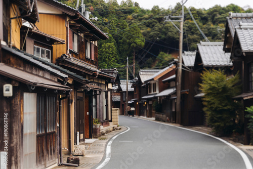 Ine Fishing Village, Kyoto prefecture, Japan, Ine-ura landscape coastal view, Funaya, traditional wooden boat houses, Ine Bay during boat tour cruise, Yoza District, in a autumn fall day