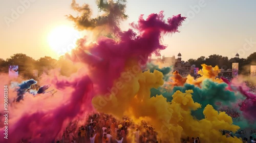 Vibrant Holi Festival Celebration with Colorful Powder Clouds Exploding in the Sky at Sunset with Silhouetted Crowd and Distant Architecture