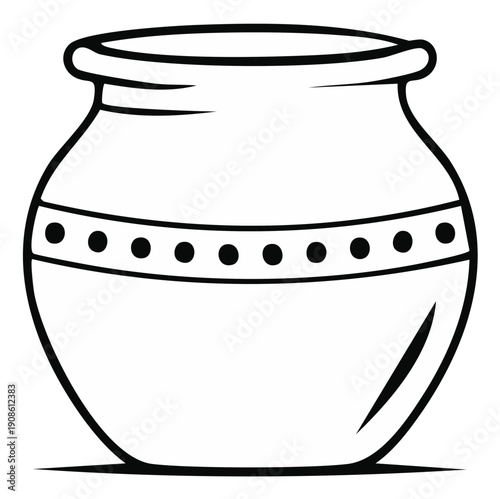 Simple line drawing of a clay pot, vintage earthenware, rounded shape, minimal design, decorative band pattern, isolated black and white
