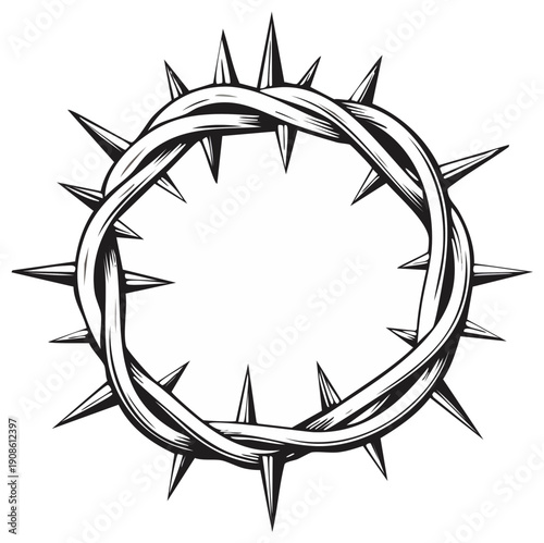 Tangled thorny crown of thorns woven symbol of suffering and redemption stark black and white illustration