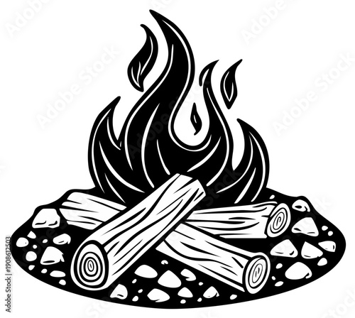 Black and white illustration of campfire with burning flames and stacked logs.