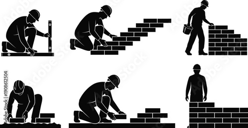 Construction worker bricklaying silhouettes showing masonry process and building work stages isolated on white background illustration concept