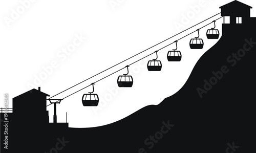 Silhouette of mountain gondola cable car lift with cabins on slope, ski resort transportation system, alpine winter tourism travel concept in black and white illustration.