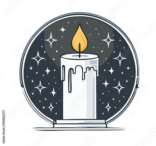 Burning Candle Illustration Within a Circle Surrounded by Stars