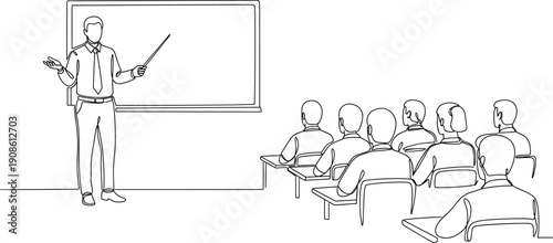 Teacher explaining lesson to students in classroom line illustration isolated on white background, representing education, training, and learning concept