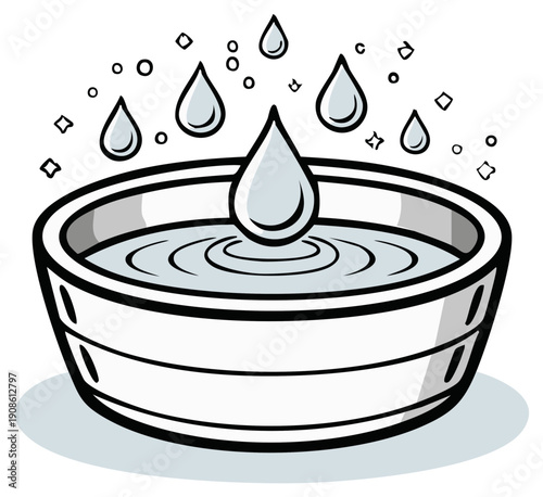 Water Droplets Falling into a Basin with Ripples and Sparkles