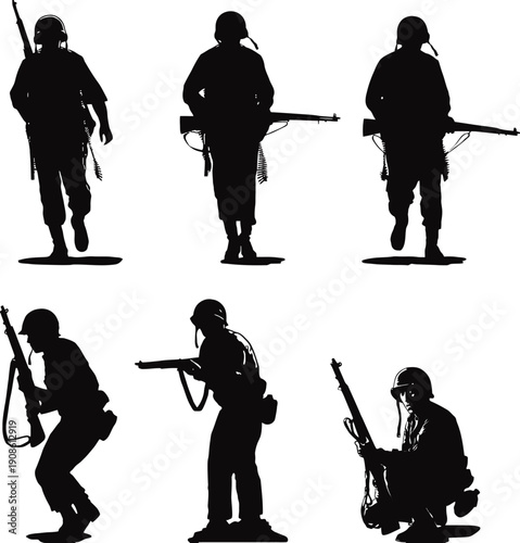 Silhouette collection of vintage military soldiers in diverse tactical combat poses and action stances with rifles and classic gear for army history and warfare design projects AI Generative
