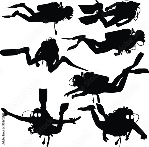 Set of professional scuba diver silhouettes in various underwater swimming and diving poses with full equipment including air tanks masks and fins for marine exploration. AI Generative
