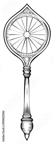 Ornate spiritual wheel symbol with decorative handle, elegant line art design.