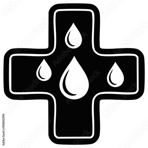 Black and white cross with water drops, healthcare medical concept.