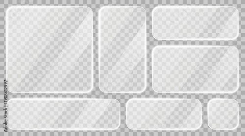 Glass frames collection. Realistic glass frames with borders, glare, light reflections, and transparent texture. Glassmorphism UI design elements for modern apps, dashboards and web interfaces. Vector