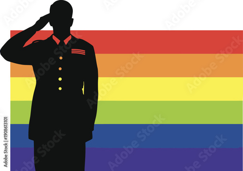 Silhouette of a military officer saluting in front of a rainbow LGBTQ pride flag symbolizing diversity, inclusion, and honor for all service members in the armed forces. AI Generative
