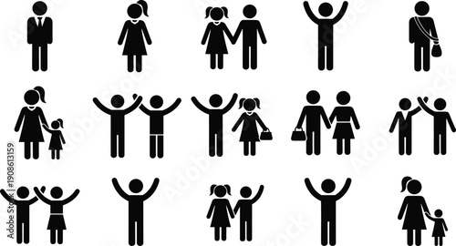 Large set of black hand gesture silhouettes featuring pointing, peace signs, thumbs up, counting fingers, and open palms on white