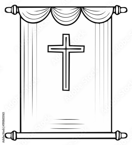 Religious Christian Cross Banner Scroll with Decorative Drape and Scroll Rods