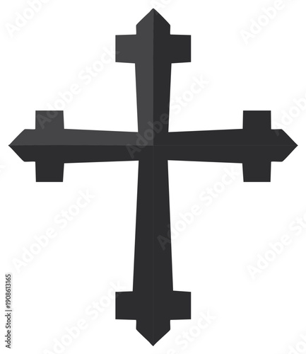 Ornate religious cross graphic, black symbol of faith, pointed edges, Christianity symbol, religious art, cutout