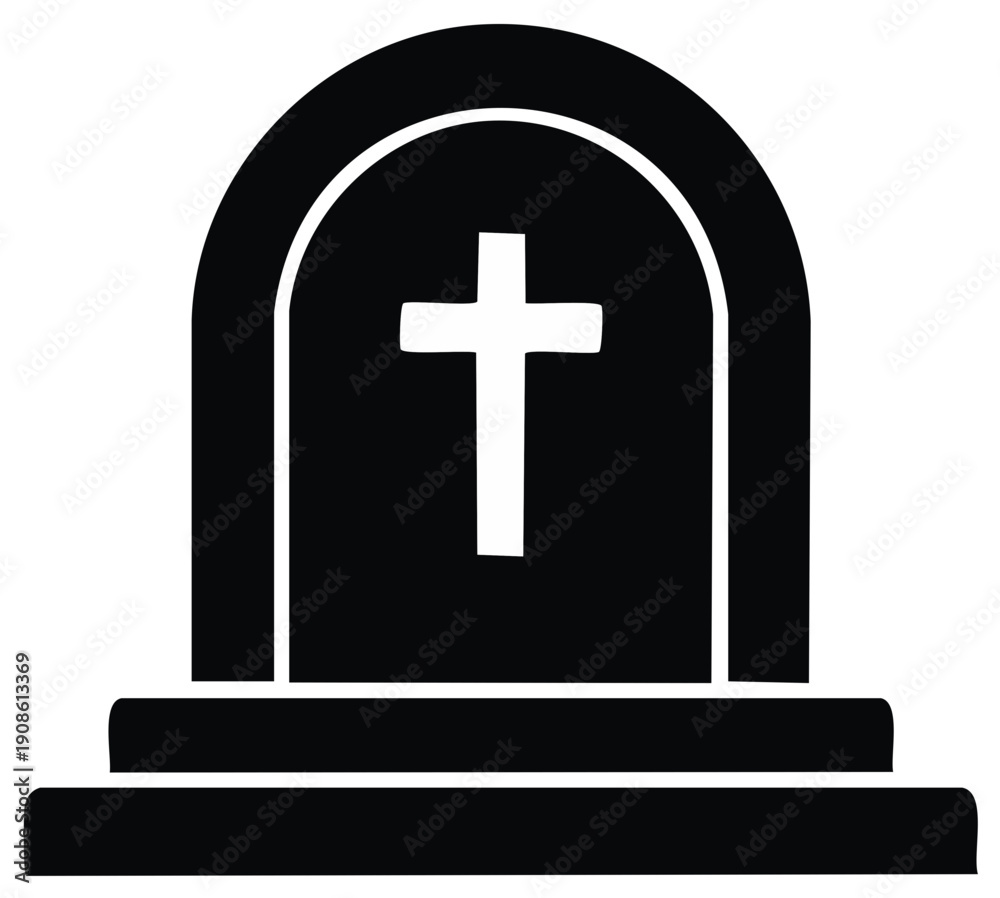 Obraz premium Black gravestone silhouette icon with a Christian cross for cemetery or funeral themes