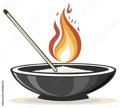 Burning Ritual with Incense Stick and Offering Bowl for Cleansing and Prayers