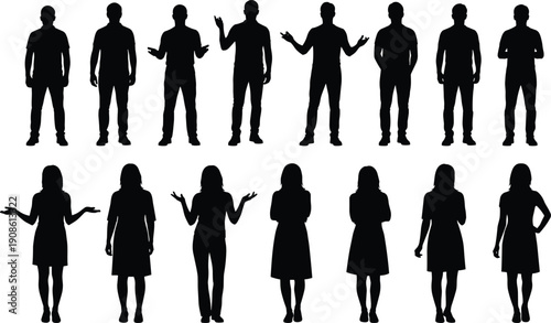 Set of black silhouettes featuring men and women in various standing poses, professional gestures, and casual outfits isolated on white.