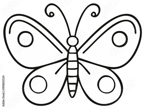 Simple black outline drawing of a butterfly with elegant wings and antennae, perfect for coloring pages
