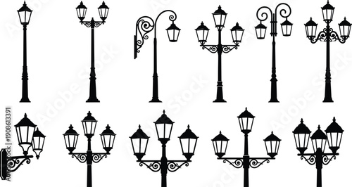 Set of black vintage street lamp silhouettes featuring various antique lantern designs, lampposts, and wall-mounted lights isolated on white background.