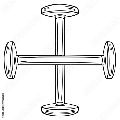 Stylized Drawing of a Metal Dumbbell Cross Shape, Vintage Fitness Equipment Outline