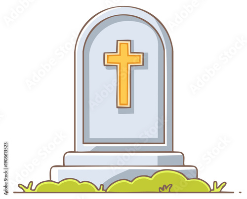 Cartoon style tombstone with yellow cross and green shrubbery.