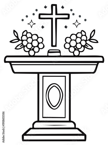 Black and White Religious Altar with Cross and Floral Decorations for Coloring Page or Line Art