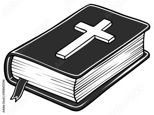 Illustrated book with religious cross on cover, symbolic of faith and scripture.