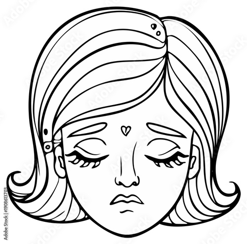 Sad Girl Face Illustration Closed Eyes Long Eyelashes Minimalist Line Art Style