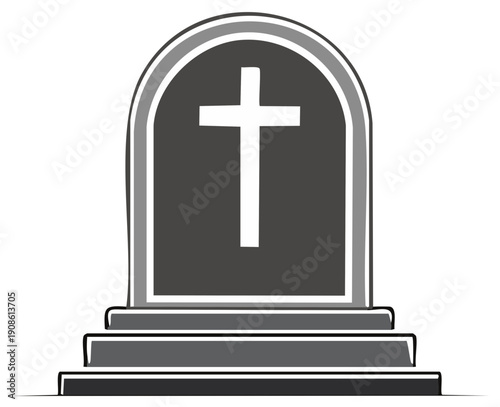 Headstone Illustration with Cross on Tombstone Against White Backdrop Depicting Remembrance and Death