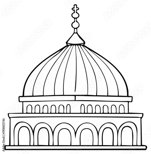Architectural Line Drawing of a Dome Structure with Arches and a Cross Finial
