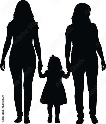 Silhouette of two mothers holding hands with their small daughter, happy family walking together, parents and child isolated on white background.