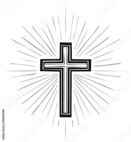 Religious cross symbol with radial lines design
