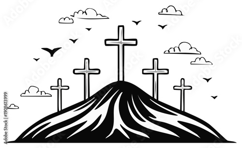 Five crosses atop a hill under a cloudy sky with birds flying